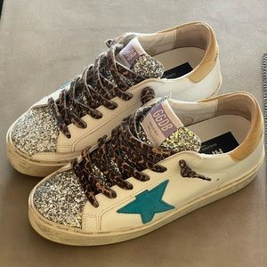 Golden Goose White Sneakers with Silver Glitter, Teal Star, Leopard Laces